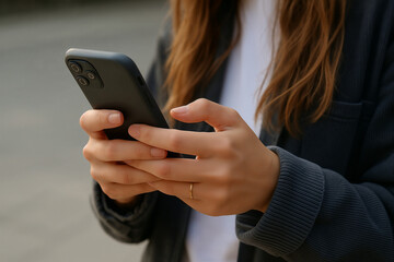 Woman using smartphone while standing outdoors in casual clothing  