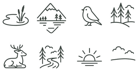 Nature linear icon set. featuring pond, mountain, bird, forest, deer, river, sunset, and cloud symbols