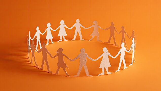Paper cut-out figures holding hands in a circle on an orange background