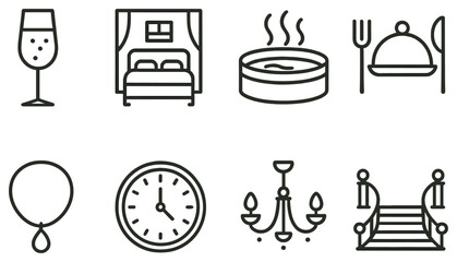 Fototapeta premium Hospitality and leisure linear icon set. featuring wine, bed, hot tub, dining, balloon, clock, chandelier, stairs