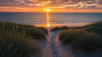 Tranquil beach pathway leading to sunset over calm ocean waters  
