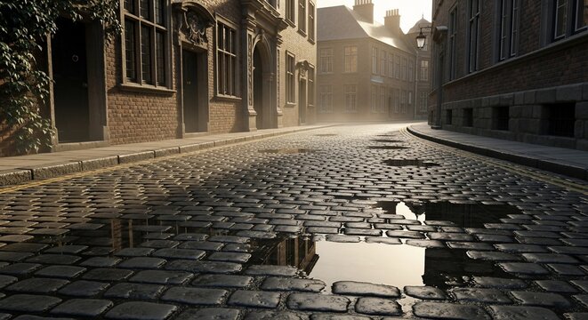 Misty Dawn on Cobblestone Street Reflecting Old Buildings