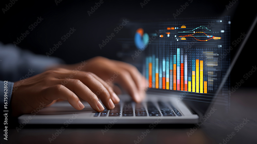 Poster person typing on a laptop with a colorful financial data graph on screen