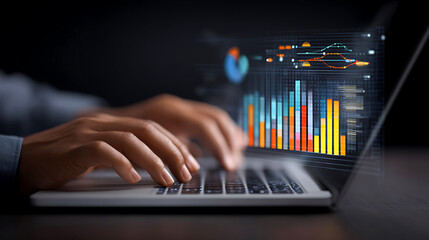 Person typing on a laptop with a colorful financial data graph on screen