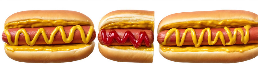 Hot dogs with mustard and ketchup isolated on a white background top view Three different hot dogs side by side each one slightly larger than the next