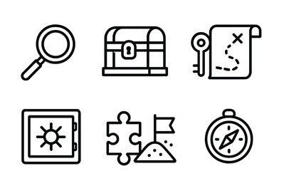 Adventure and treasure hunt linear icon set. featuring magnifying glass, chest, map, safe, puzzle, compass