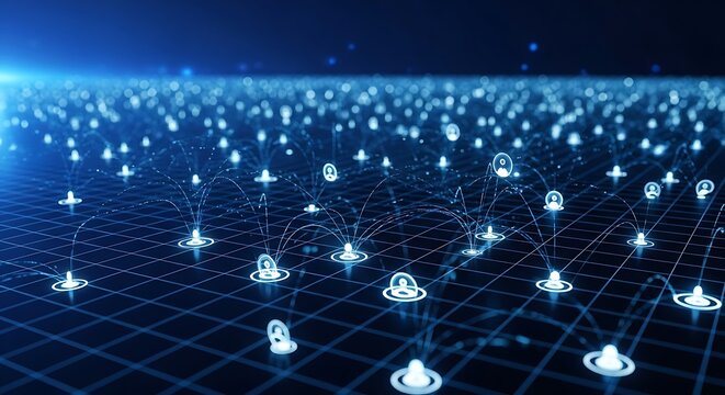 Abstract digital network of glowing connections and user icons on a dark grid background