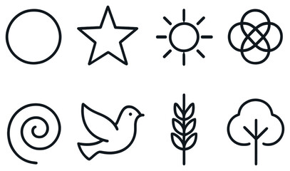 Fototapeta premium Nature and ecology linear icon set. featuring circle, star, sun, infinity, spiral, bird, wheat, tree