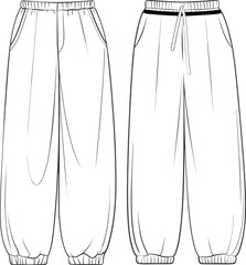 Vector technical fashion illustration of jogger sweatpants with elastic waistband, drawstring, cuffs, side pockets, garment flat sketch design