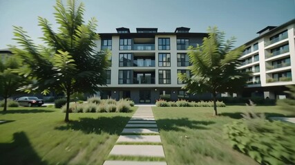 Modern Residential Building with Lush Green Surroundings and Inviting Entrance