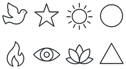 Spiritual symbols linear icon set. featuring dove, star, sun, circle, flame, eye, lotus, triangle