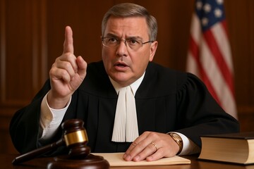Judge sitting at a desk holding a gavel and raising finger in court  