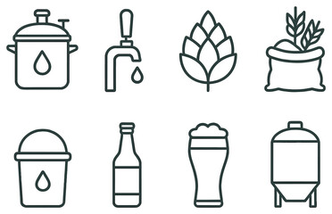 Fototapeta premium Brewery and beer linear icon set. featuring brewing, tap, hops, grain, bucket, bottle, glass, and tank symbols