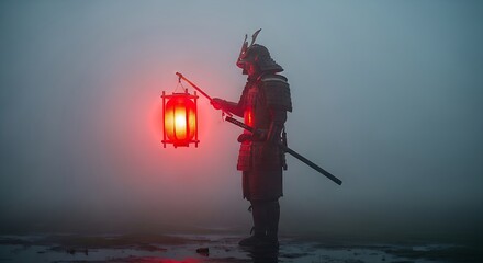 Samurai holding a glowing red lantern in the mist, evoking a sense of mystery and tradition, with a sword at his side