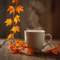 The cozy transition of autumn mornings is captured by a maple leaf garland draped over a steaming cinnamon tea mug.