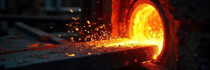 Close-up of glowing hot steel being forged in a coal-fired furnace, sparks flying, intense heat, industrial process ,  work,  industrial revolution,  traditional