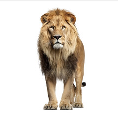 Obraz premium A majestic lion standing tall against a white background in the front view isolated on the edges professional photography high resolution realistic fullbody