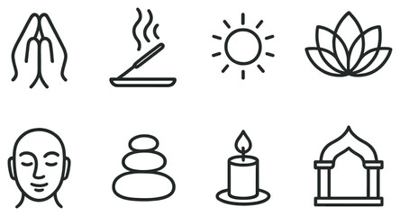 Meditation and relaxation linear icon set. featuring prayer, incense, sun, lotus, calm, balance, candle, sanctuary