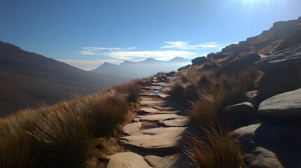 A high-altitude hiking trail winds through a dramatic mountain landscape, showcasing a rugged pathway lined with dry grasses and large rocks against a clear blue sky.