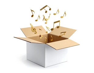 Open cardboard box with gold musical notes floating out