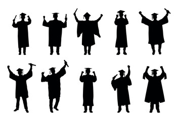 Silhouette Collection of Male Graduates Raising Hands in Celebration