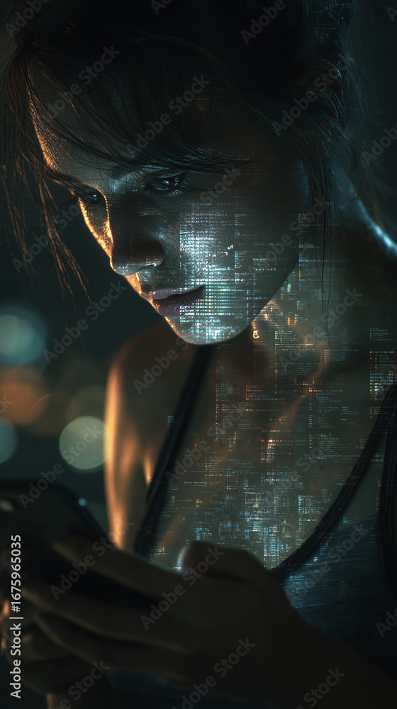 Poster a captivating portrait of a young individual deeply engaged with their mobile device, illuminated by