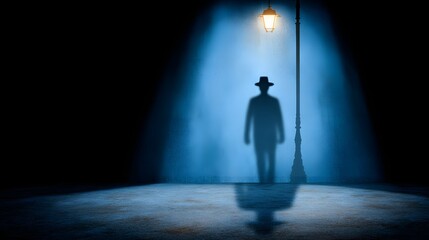 A shadowy figure walks beneath a street lamp in a dimly lit, blue-toned space, creating a mysterious atmosphere.