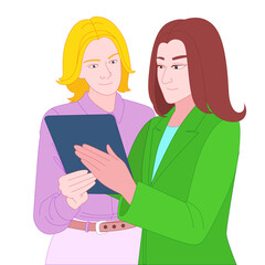 Two Women Discussing with Digital Tablet – Vector Illustration of Collaboration and Teamwork