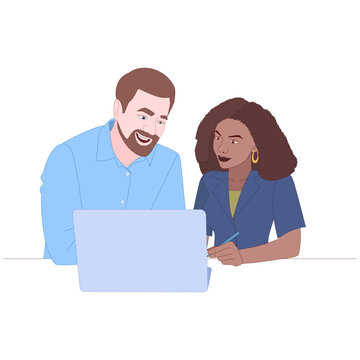 Man and Woman Working Together on Laptop &ndash; Vector Illustration of Teamwork and Collaboration