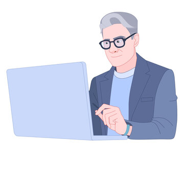 Senior Man Working on Laptop &ndash; Vector Illustration of Online Learning and Technology Use