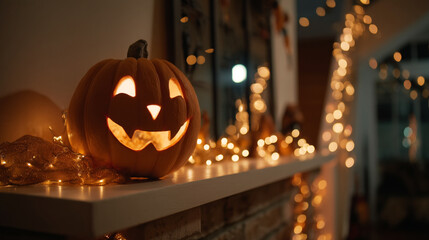 Fototapeta premium A glowing jack o lantern on a mantelpiece surrounded by string lights creating a festive atmosphere