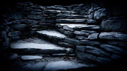 Intricate stone steps wind through a dark, ancient stone wall, creating a mysterious and timeless scene.