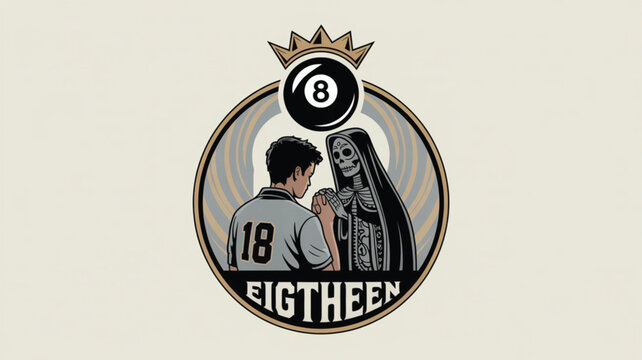 A young man in a white shirt marked &ldquo;18&rdquo; faces the Grim Reaper, their hands joined in eerie unity. Above them, a crowned 8-ball hovers&mdash;symbolizing fate, mortality, and the gamble of coming of age.