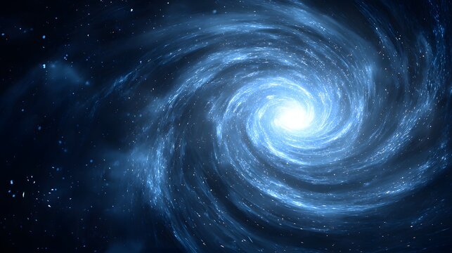 A spiral galaxy bursts forth in vibrant, swirling blues against a deep space background.