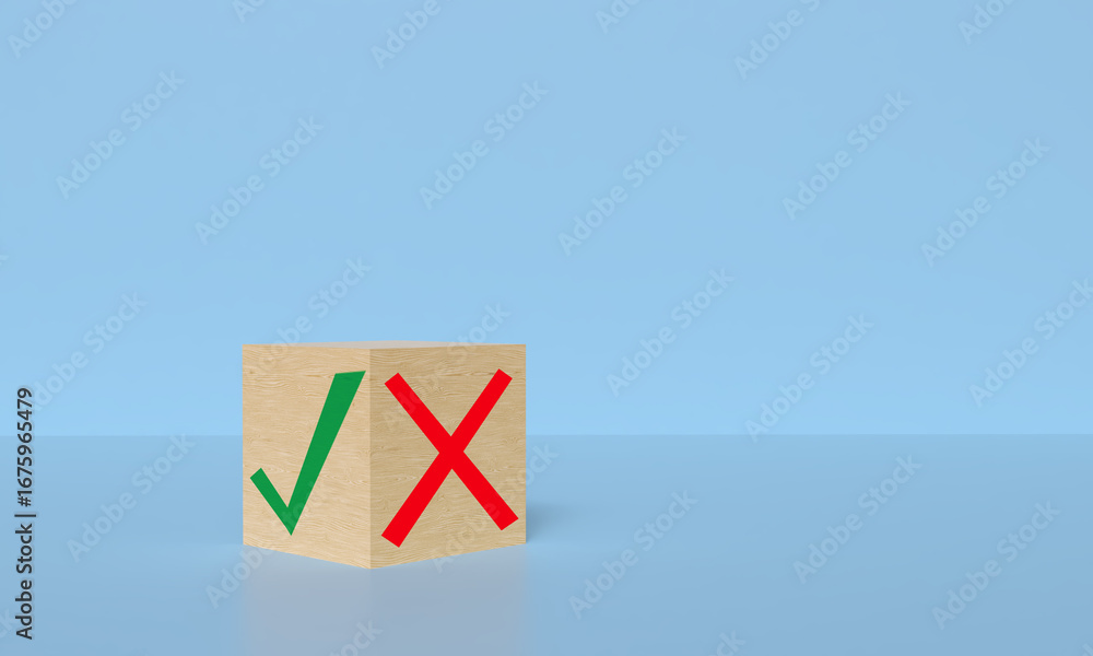 Aufkleber true false sign symbol cube block wooden copy space choice business decision wrong right false true 