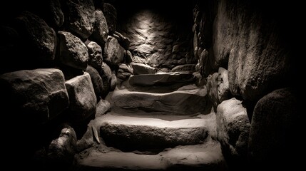 Ancient stone steps wind downward into a dimly lit, stone-walled passage.