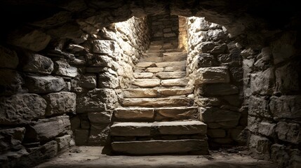 Stone steps ascend into a dimly lit subterranean chamber, illuminated by a shaft of light.