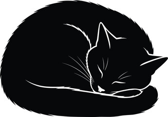 Sleeping black cat curled up silhouette illustration, peaceful pet resting, calm animal vector design, cozy home, nighttime relaxation concept.