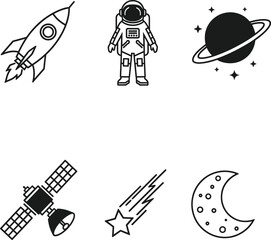 Space vector icon set including rocket, astronaut, planet, moon, satellite, and star in black and white outline style.