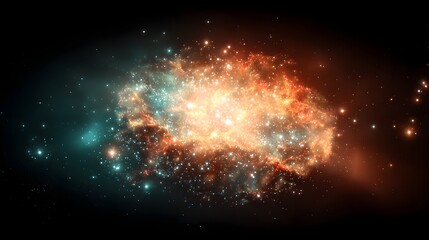 A vibrant nebula displays swirling hues of orange and teal against a backdrop of countless stars.