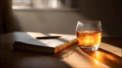 A glass of amber liquid beverage with ice cubes sits on a light brown wooden surface, illuminated by sunlight.