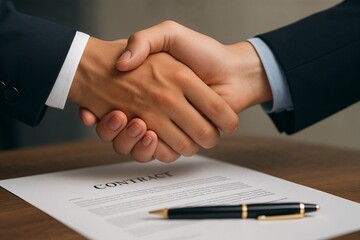 Business professionals shaking hands over signed contract on table  