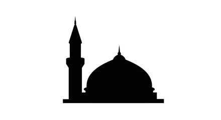 Silhouette of a Mosque with a Dome and Minaret Tower.