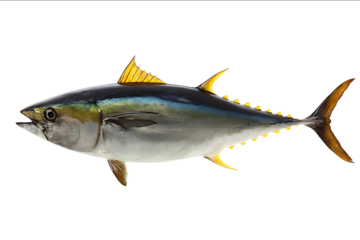 A realistic photo of a tuna fish with yellow spines on its tail set against a white background showing the full body