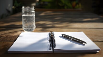 A spiral-bound notebook rests on a wooden table, open to a blank page, accompanied by a pen and a glass jar of water, creating a serene and inviting atmosphere.