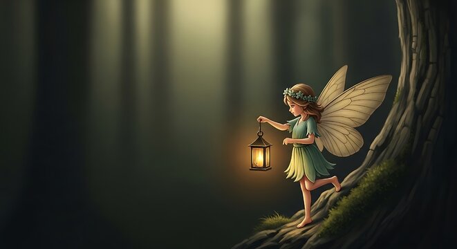 A small fairy with wings holds a lantern, illuminating a dark, enchanted forest with soft light from the lantern