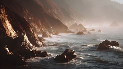 Majestic coastal cliffs meet a tranquil ocean at sunrise, bathed in warm, golden light.