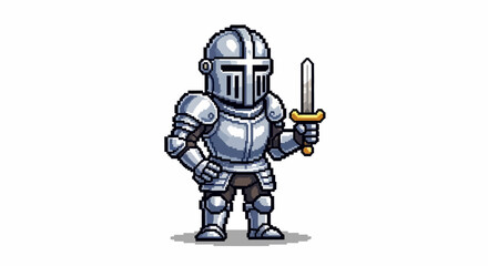 Fototapeta premium Animated illustration of a knight in shining armor, holding a sword and shield ready for battle