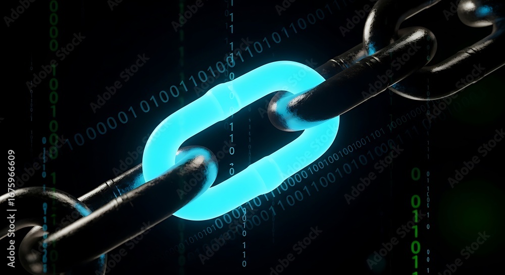 Poster blockchain technology concept with glowing chain link and binary code, tote bag mockup, canvas tote 