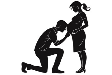 Fototapeta premium Silhouette illustration of a loving husband kneeling to kiss his pregnant wife's belly, symbolizing family love and the anticipation of a new baby